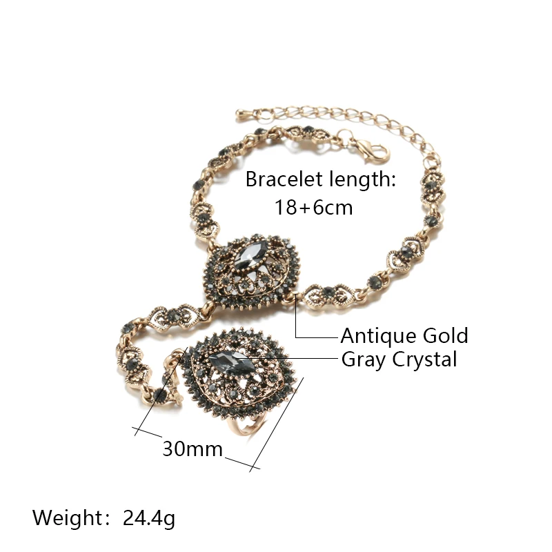 Wbmqda Hot Gray Crystal Bracelet link Ring Ethnic Bridal Wedding Jewelry Set Antique Gold Vintage Flower Bracelet For Women