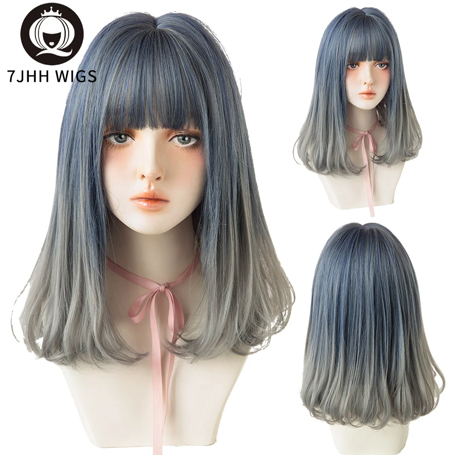 7JHH WIGS Medium Length Omber Blue Gray Wigs With Fluffy Bangs Synthetic Straight Colourful Hair Wig For Women Beginner Friendly