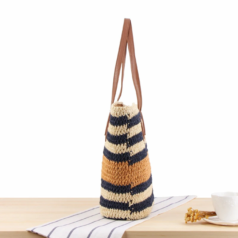 Fashion Women Summer Bohemian Straw Large Tote Bag Beach Casual Stripe Shoulder Bag Handbag Handmade Basket Storage Shopping bag