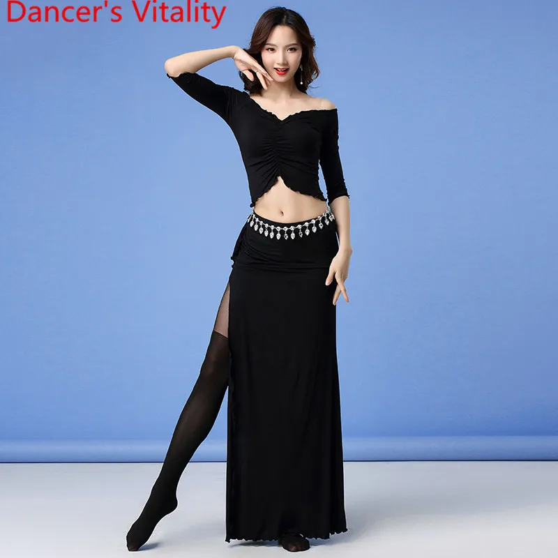 Belly Dance Practice Clothes Winter New Modal V Neck Top Long Skirt Set Women Beginners Oriental Indian Dancers Training Costume