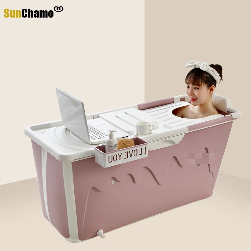 Cordial Shining 1.2M/40in Adult Whole Body Bath Tub Barrel Thickened Fold Plastic With Lid&Pillow Easy To Carry Home Bathtub