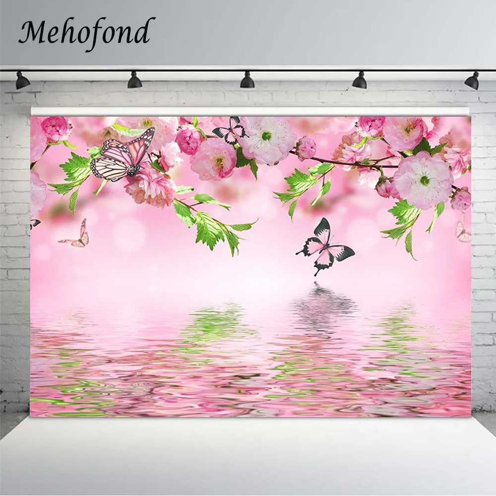 Mehofond Tắm Cho Bé Nền Chụp Ảnh Bướm Hồng Hoa Xanh Dương Nước Bề Mặt Cô Gái Sinh Nhật Phông Nền Photozone Đạo Cụ
