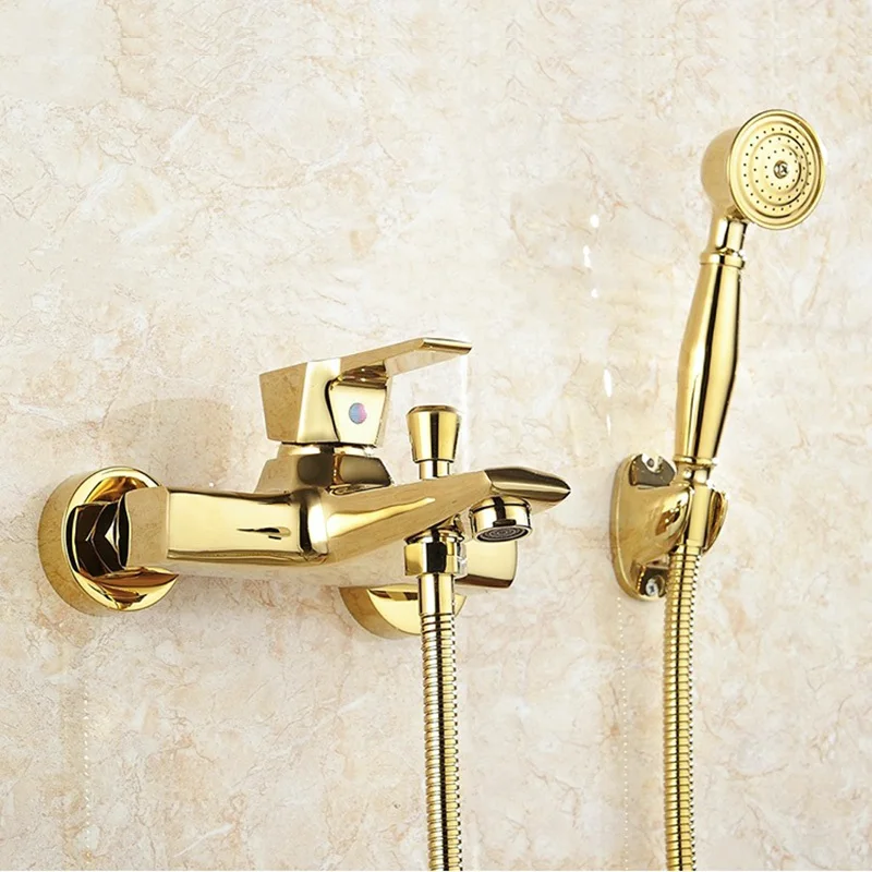 

Brass Gold Plated Bathtub Faucet With Hand Shower Concise Wall Mounted Bathroom Faucet Hot Cold Bath Tub Mixer Taps