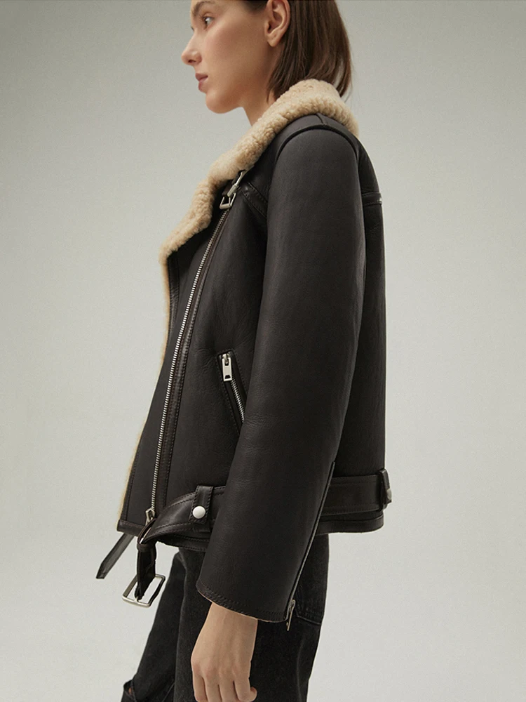 New Womens Shearling Jacket Black Leather Jacket Winter Fur Coat Short Motorcycle Jacket Fashion Wool Coat