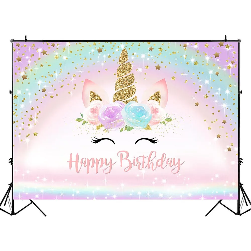 Mocsicka Chúc Mừng Sinh Nhật Hình Nền Kỳ Lân Cầu Vồng Vàng Ngôi Sao Chụp Ảnh Phông Nền Kid Sinh Nhật Trang Trí Photozone