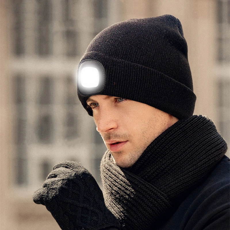 

Men/Women Hat Winter Warm Headlamp Cap LED Beanie Torch Hat with Light with 3 Brightness Levels 4 Bright LED for Camping Fishing