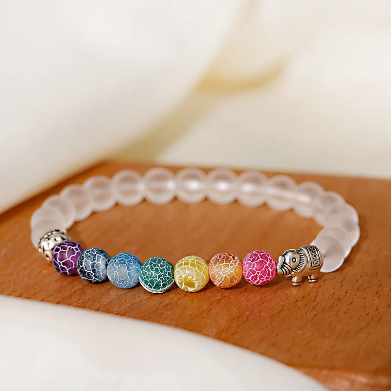 Classic 7 Chakra Weathered Stone Bracelet for Women Men Meditation Yoga White Stone Elephant Round Beaded Bracelet Jewelry