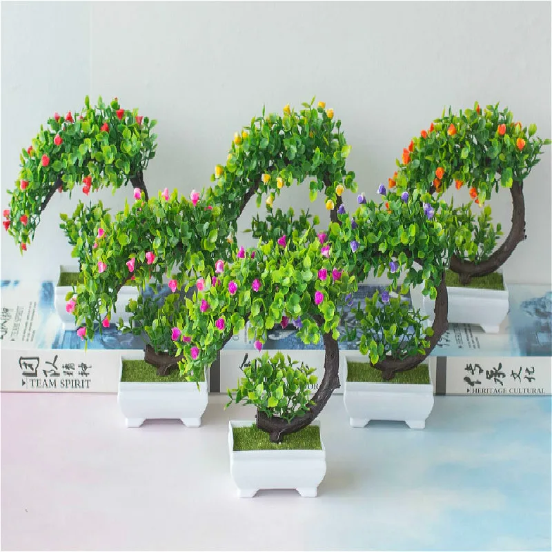 Artificial Plastic Bonsai Fake Plants Flower Wedding Home Decor Garden Hotel Potted Artificial Fake Plastic Bonsai Plant Tree