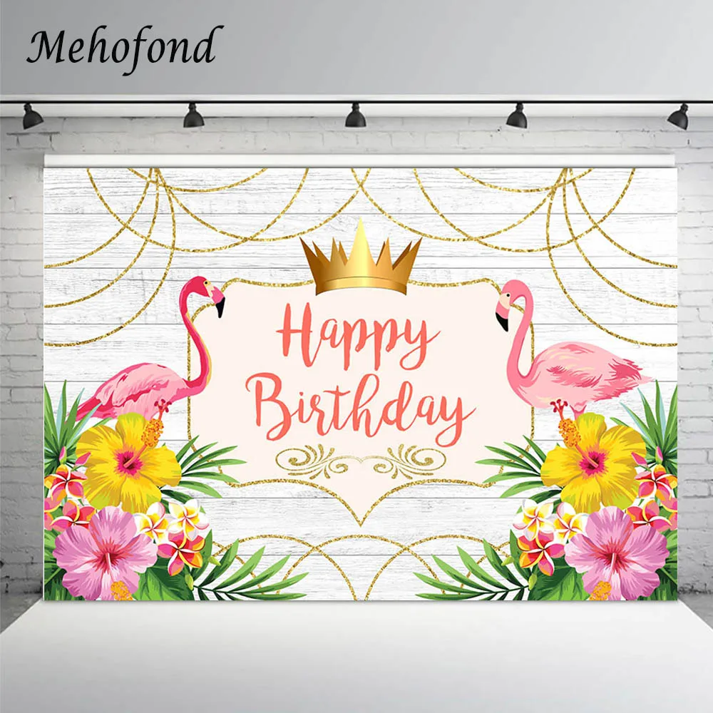 Mehofond Pink Flamingo Birthday Backdrop Decoration Gold Crown Flowers Women Princess Party Photography Background Photo Studio