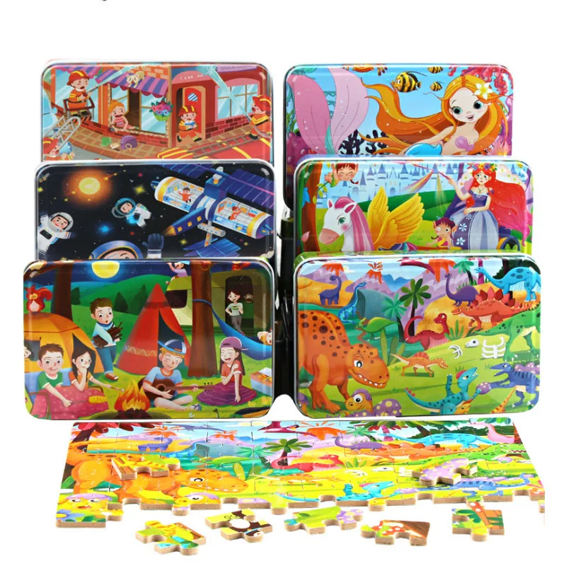 Neue 60 stücke Holz Puzzles Set für Kinder Im Alter Von 4-8 Die Muster von Dinosaurier/Cinderella/schnee Weiß mit Eisen Box Kleinkind Spielzeug