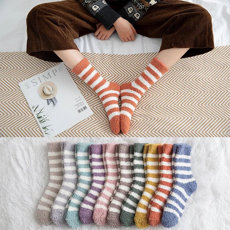 Socken Frauen Gestreiften Flauschigen Korallen Samt Dicke Warme Winter Socken Mädchen Indoor Boden Handtuch Socke Atmungsaktive Frau Nette Soks Meias