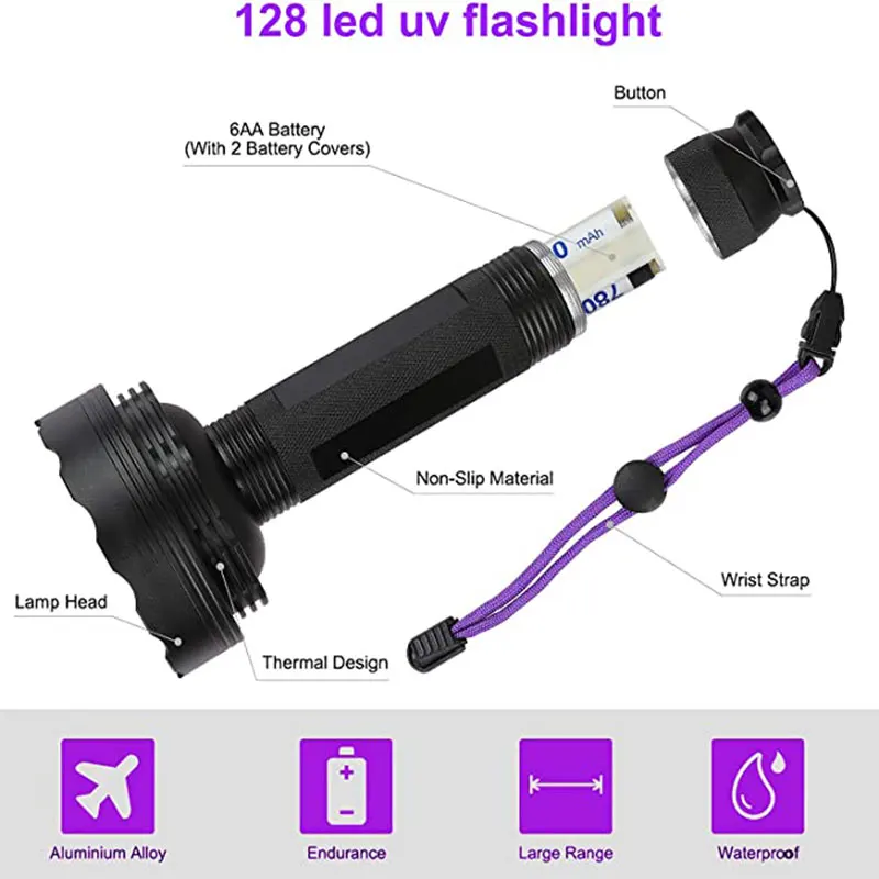 UV Flashlight 395 Nm 128 LEDs Blacklight 18W UV LED Torch Light For Pet urine testing & Dog Cat Urine Detector,6 x AA Battery