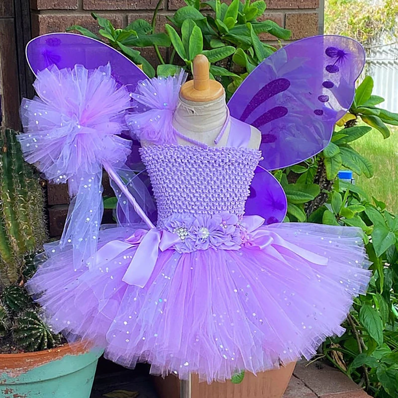 Vestito da fata farfalla viola per ragazze vestito da fiore tutu in Tulle glitterato per bambini con ala e fiocco per capelli abiti da festa per