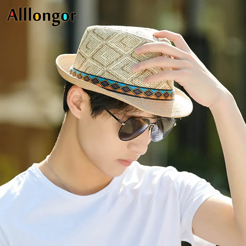 Panama Straw Jazz Hat Summer 2024 Beach Sun Hats Men Fedoras Plaid Fashionable Women Sunhat chapeau paille Short Sleeve Sun Cap