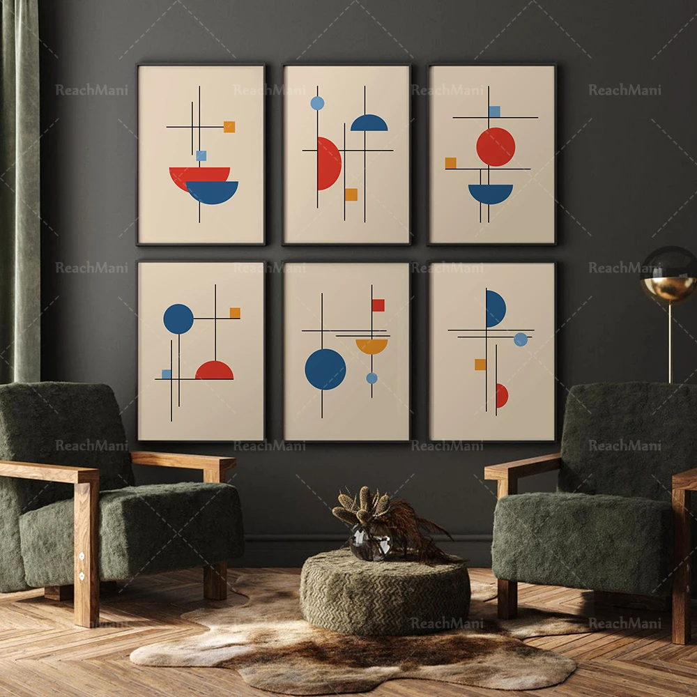 

Bauhaus printing set 6 pieces, geometric abstract printable wall art, Bauhaus poster set, red navy mustard gallery wall set deco