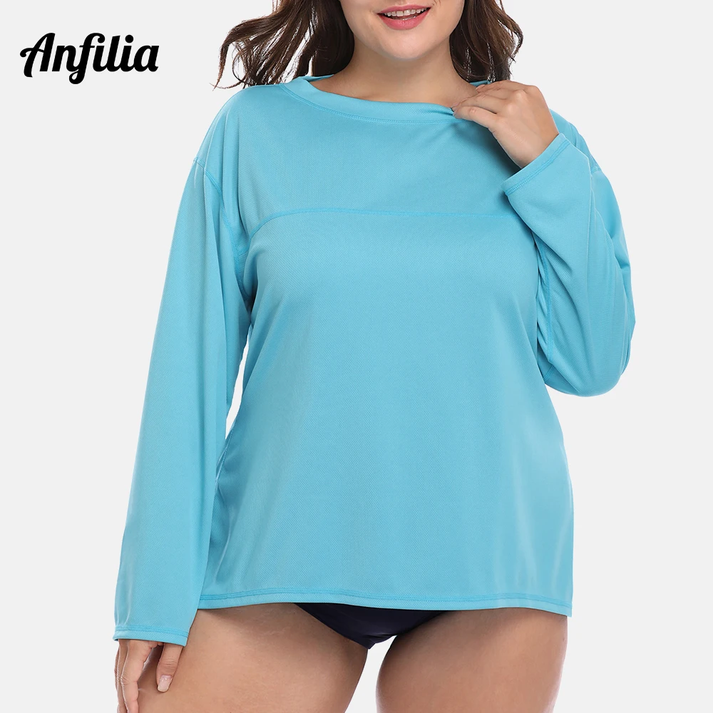 Anfilia Women\'s Plus-Size Long Sleeve Rash Guards Top Swimwear Swimsuit Shirts UPF 50+ UV-Protection Rash Guard Beach Wear