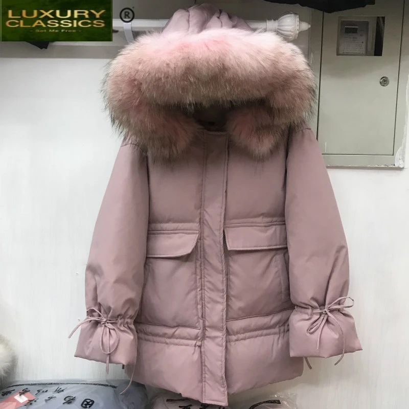 

Down Fashion Jacket Women's Winter Large Fur Hooded Pink Duck Down Coat Female Korean Thick Warm Down Parka Hiver LW2358