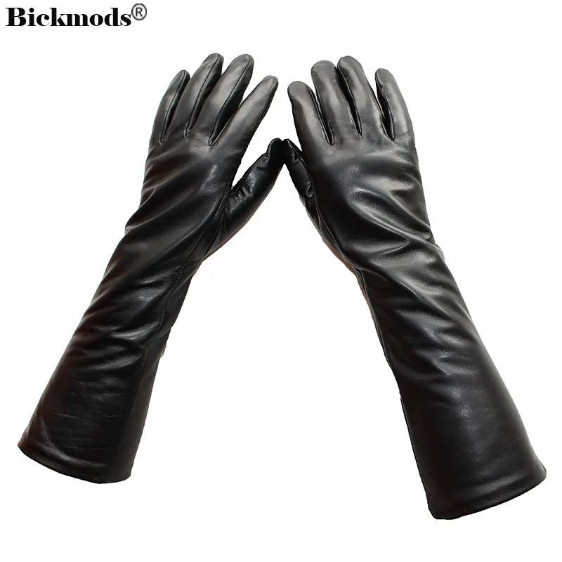 37cm Touch Screen Sheepskin Long Gloves Women\'s Black Leather Velvet Lining Fashion Straight Fall Winter Warm Fingers