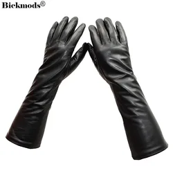 37cm Touch Screen Sheepskin Long Gloves Women's Black Leather Velvet Lining Fashion Straight Fall Winter Warm Fingers