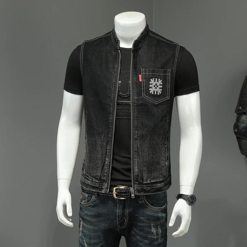 2022 Jean Jacket Men Denim Vest Coats Black Slim Stand-up Collar Zipper Sleeveless Motorcycle Style Waistcoat Coat Cowboy Brand