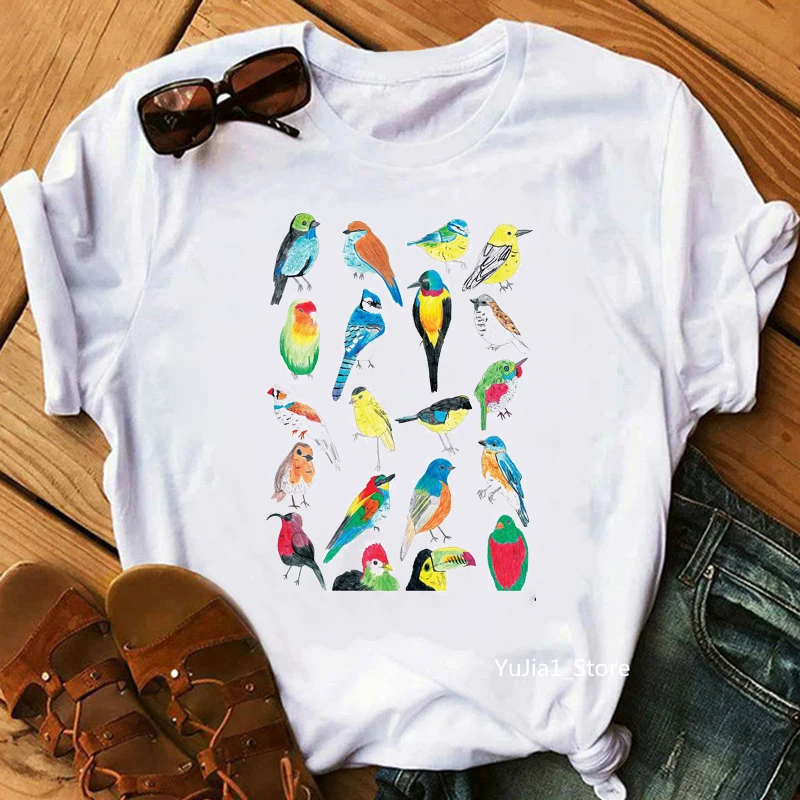 Hot Sale Watercolor Toucan Parrots Pet Birds Animal Print White T Shirt Women Summer Top Tee Harajuku Kawaii Tshirt Streetwear