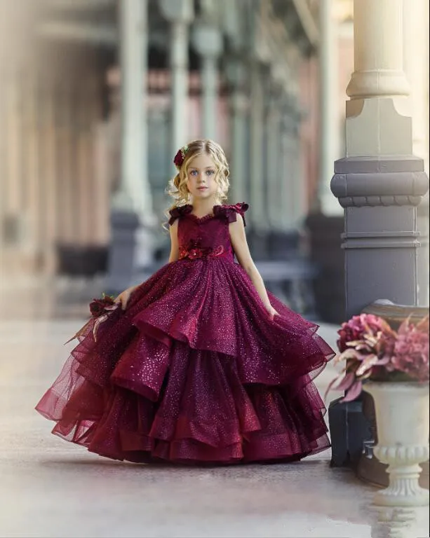 Sparkly Pailletten Blume Mädchen Kleider 2020 Formale Prom Kleider Tiered Röcke Partei Spitze V Neck Mädchen Geburtstag Pageant Kleid