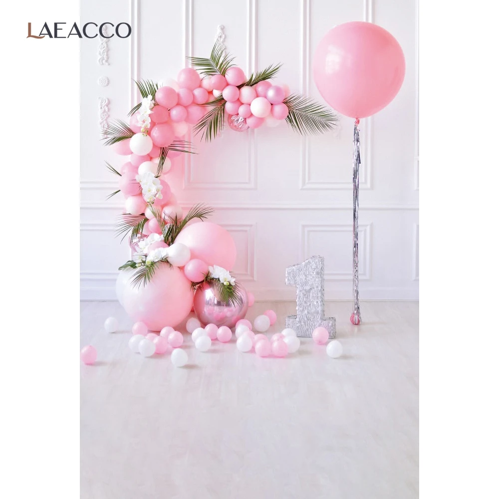 

Laeacco White Chic Wall 1st Baby Birthday Photography Backdrop Pink Balloons Baby Portrait Photocall Background For Photo Studio