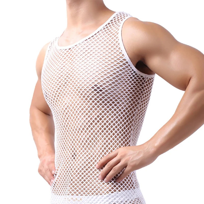 Sexy Mens Underwear Set Tshirts Briefs Mesh Fishnet Transparent Tank Sport Fitness Casual Sleeveless Sleepwear Tops Tee Camiseta