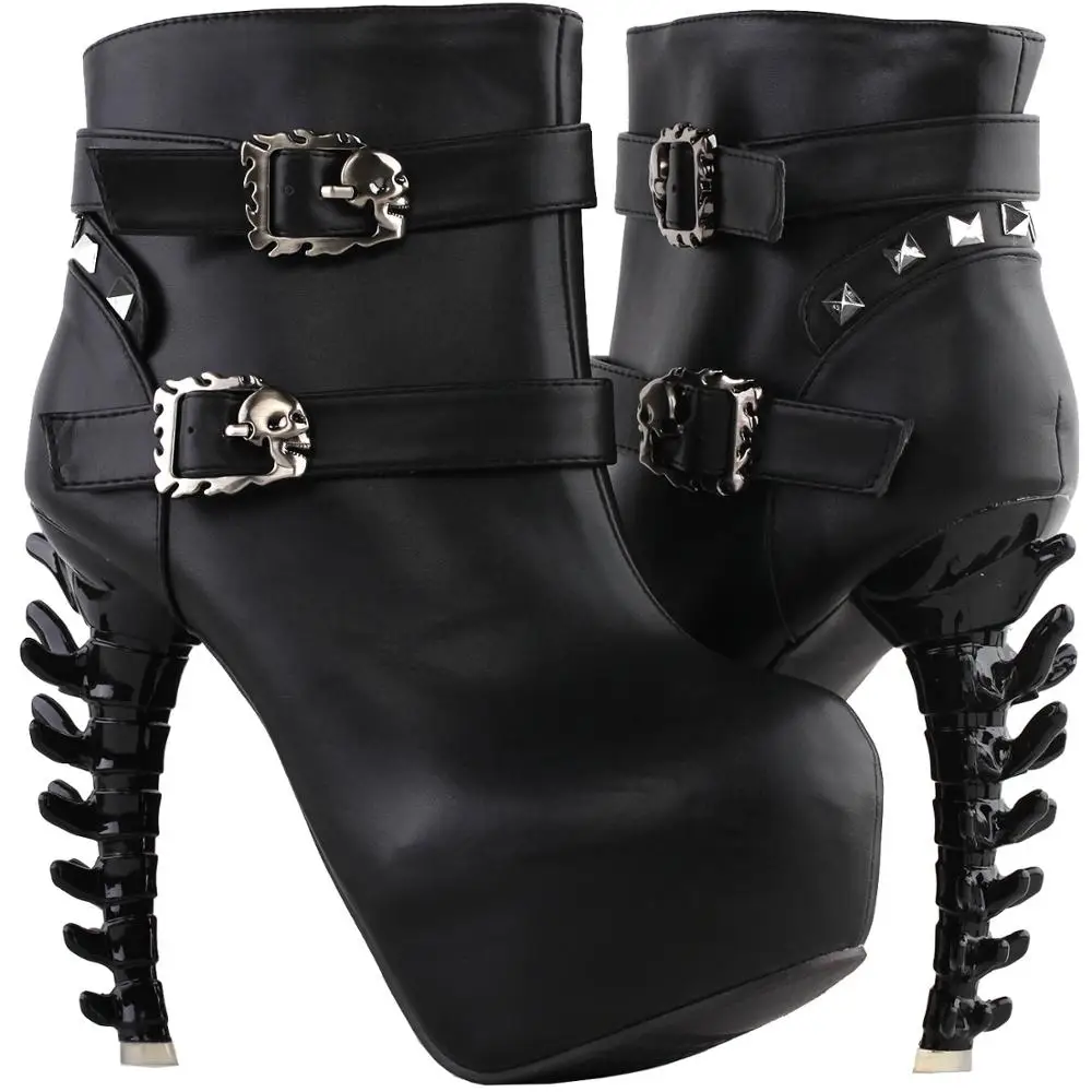 LF80713 SHOW STORY Punk Black Skull Buckle Studs Strappy High-top Bone Heels Platform Ankle Boots