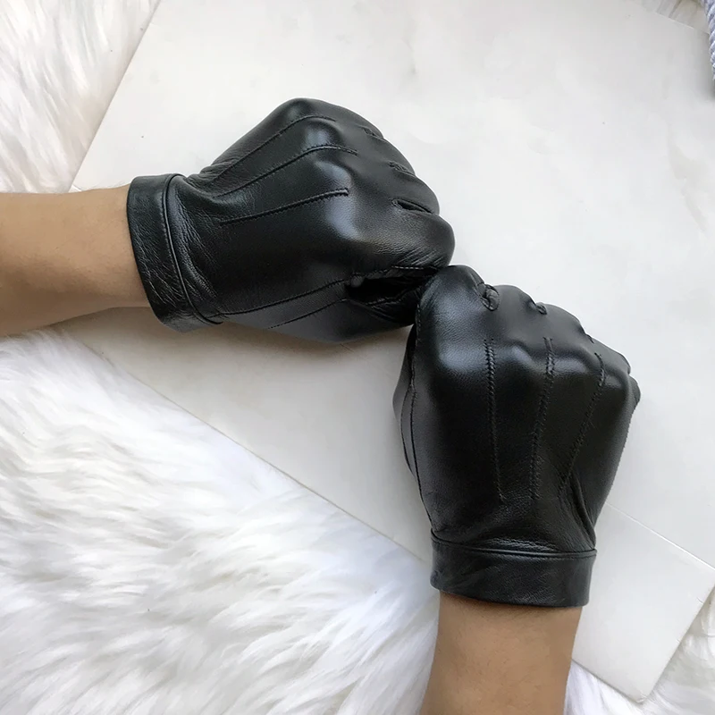 Unlined Gloves Wrist Button Sheep Leather Touch Screen Winter Gloves For Men Black Thin Lining Genuine Leather