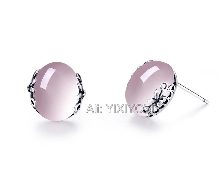 925 Silver Natural Pink Crystal Beads Inlay Retro Pattern Stud Earring Lucky Earrings for Woman Christmas Gift Fashion Jewelry