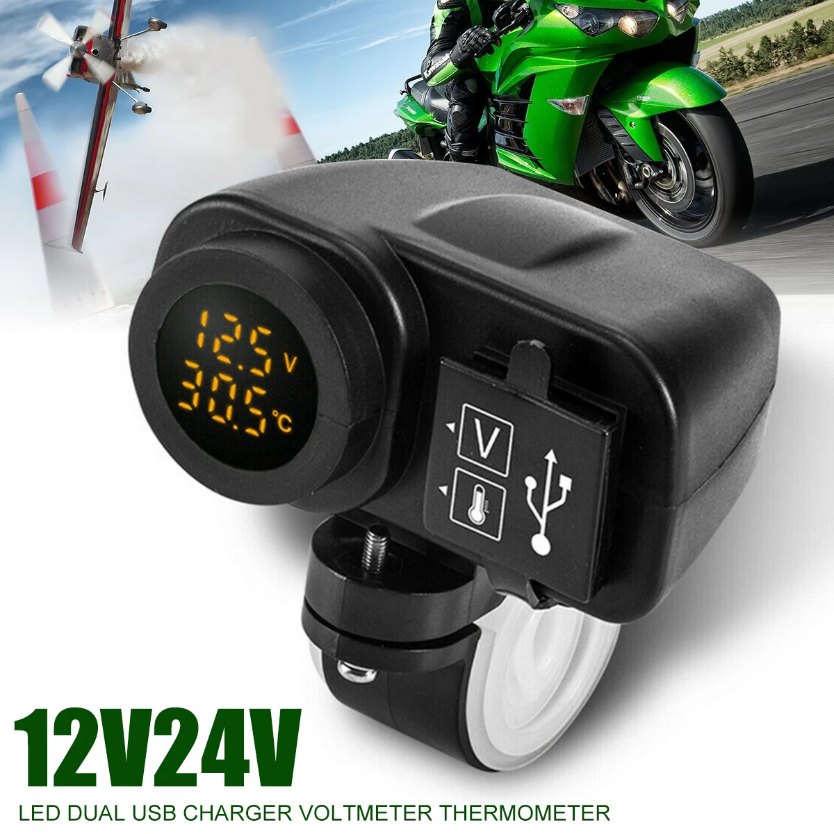 

Motorcycle Scooter Handlebar Mount Dual USB Charger LED Voltmeter Temperature