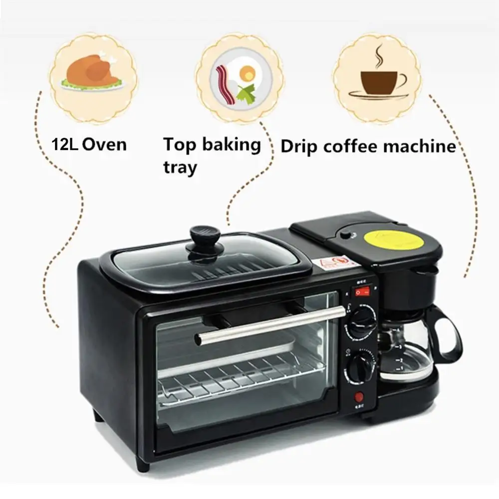 Macchina per la colazione multifunzione 3 In 1 220V 1250W con forno elettrico macchina per caffè americano vassoio per friggere teiera elettrodomestico