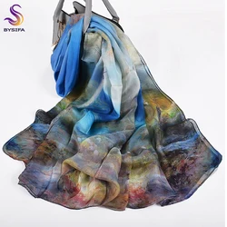 BYSIFA|Blue 100% Silk Chiffon Scarf Shawl New Spring Autumn Shepherd Design Women Long Scarves Summer Beach Shawl Winter Scarves