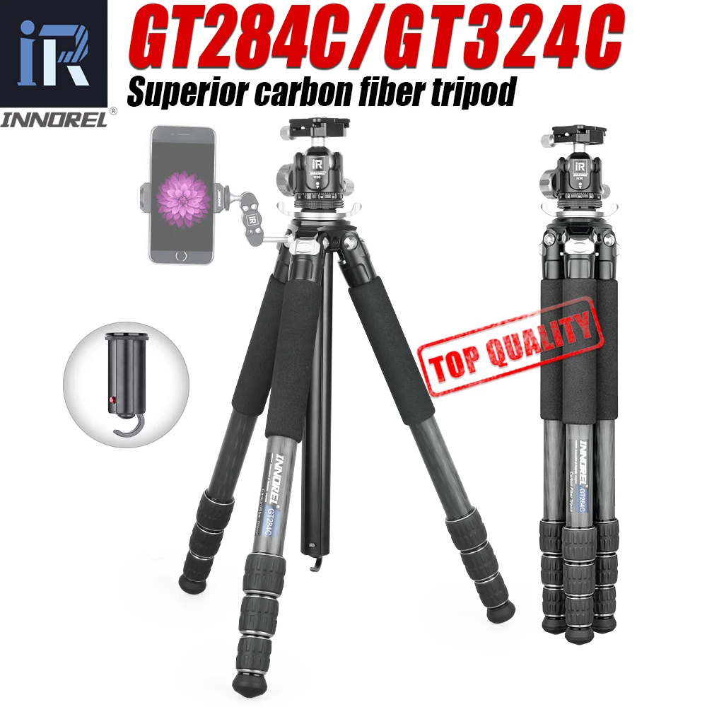 GT284C/324C Professional Carbon Fiber Travel Tripod for DSLR Camera Low Gravity Center Ballhead & Special-shaped Center Column