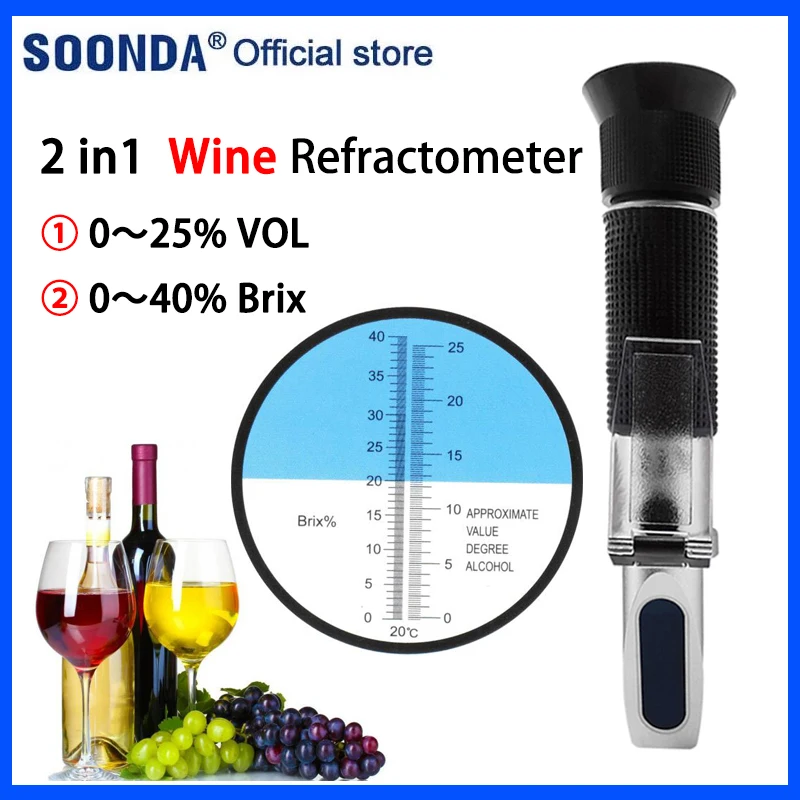 Wine Alcohol Meter 0-25% VOL Tester 0-40% Brix Meter Wine Refractometer Wine Alcohol Content Detector Measuring Instrument Tools