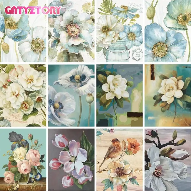 GATYZTORY  60x75cm Frame Diy Painting By Numbers White Blue Flower Handmade DIY Gift Foe Adults Children Home Decoration