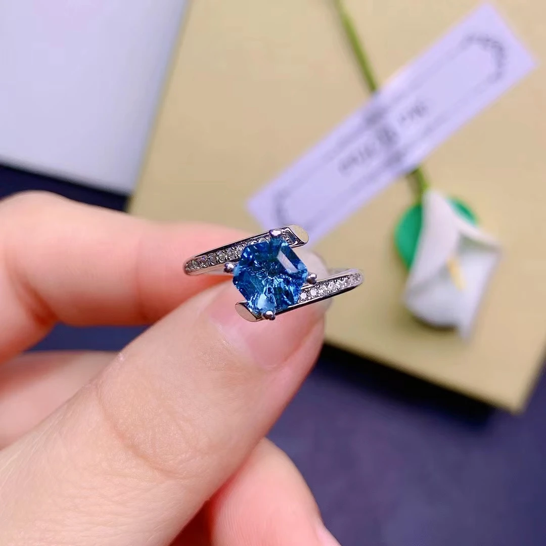 925 pure silver Chinese style natural London blue topaz women's trendy popular hexagon adjustable gem ring fine jewelry support