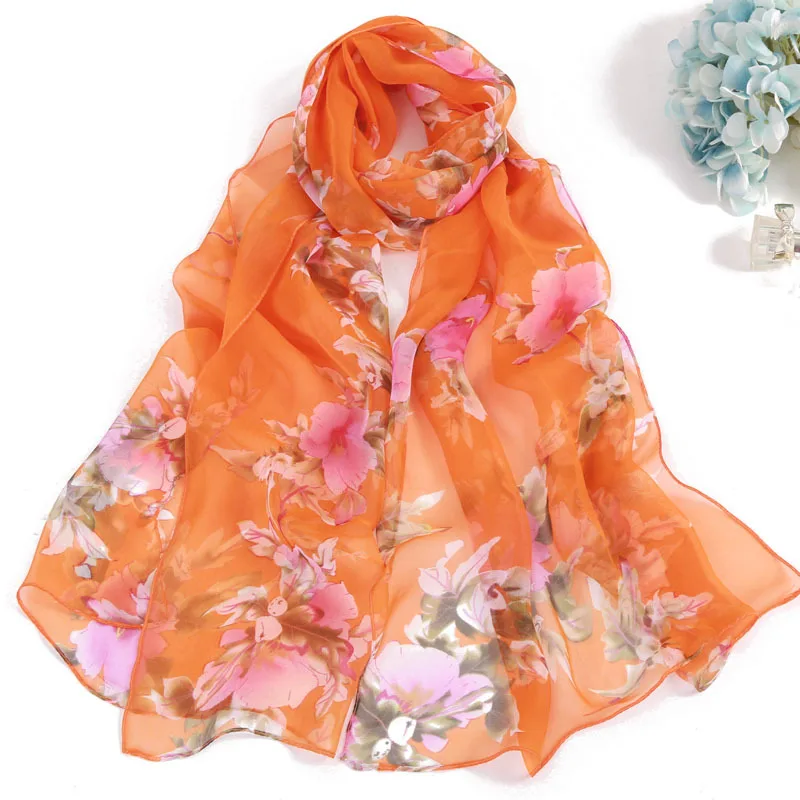 Fashion Four Seasons Thin Soft Chiffon Women Peach Flower Printing Silky Georgette Scarf Shawls Long Wraps Beach Sunscreen Hijab