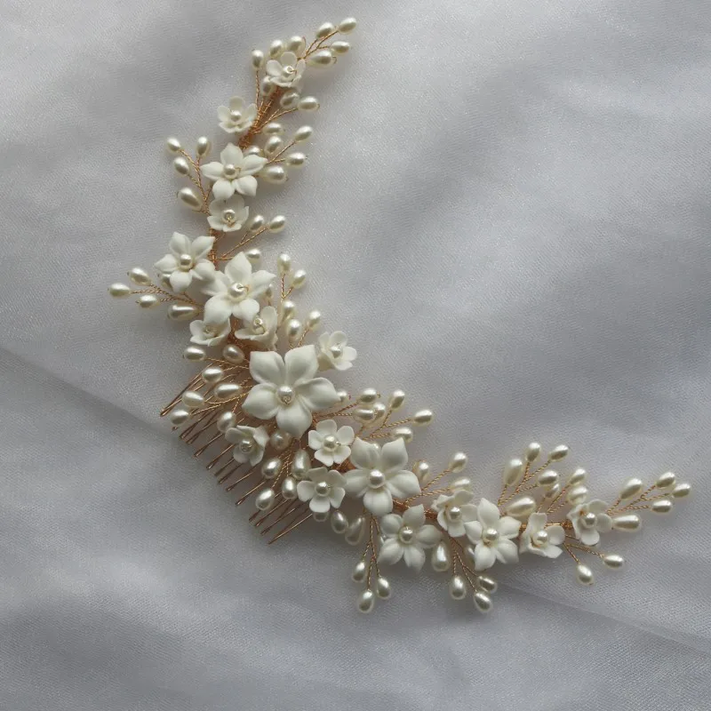 White Ceramic Flower Hair Comb Bridal Crown Pearls Jewelry Handmade Wedding Headpiece Fashion Women Hairpiece