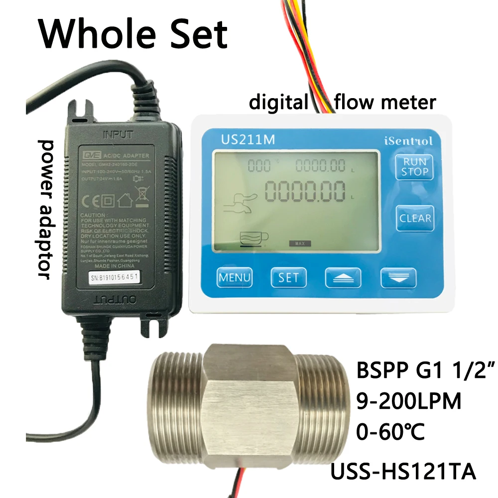 

US211M Digital Flow Meter & USS-HS121TA Stainless Steel 304 Inox Hall Flow Sensor Measurement 9-200L/minBSPP G1 1/2" Dijiang