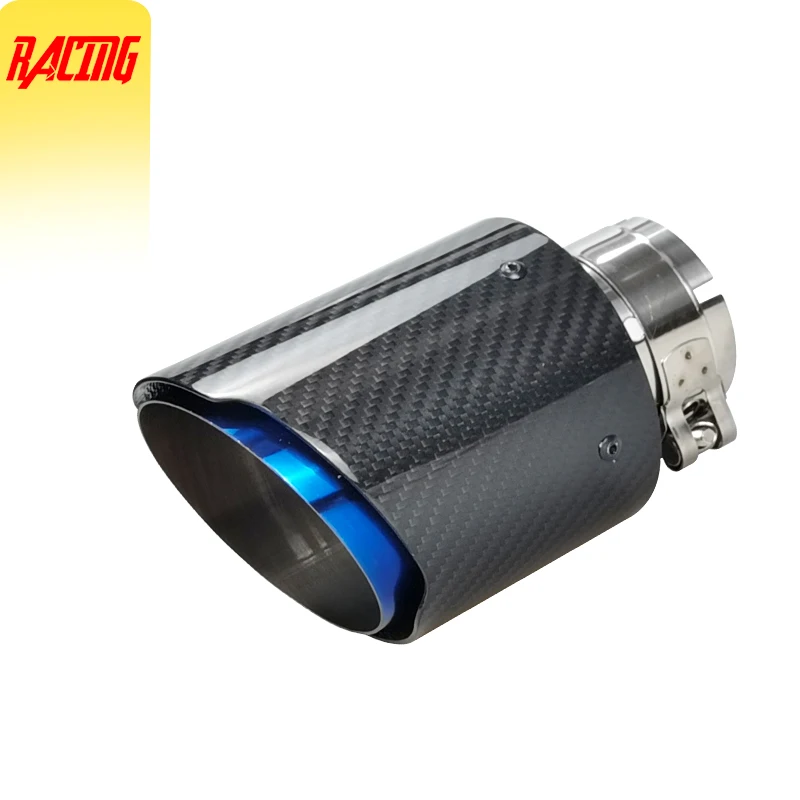 

1 Piece Car Exhaust Tail Pipe Glossy Carbon Tail End Blue Stainless Steel Straight Muffler Tip Flange For Bmw Car Accessories