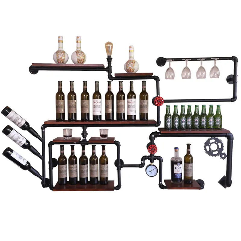 coffee shop bar wine cabinet wine rack Loft retro industrial style shelving shelf wall iron solid wood pipe wall hanging image 5