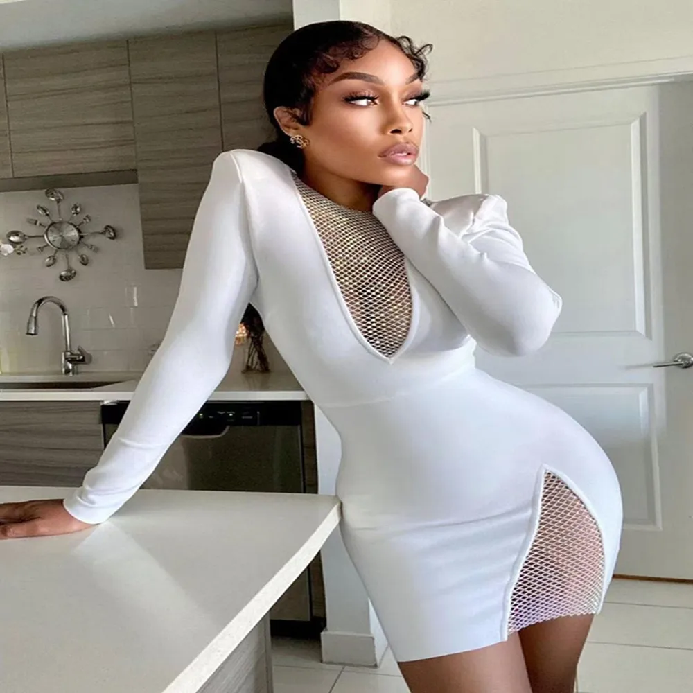 New Summer New Women's Sexy V-neck Mesh Diamond Long Sleeve Bodycon Bandage Dress Fashion Celebrity Party Dress vestido