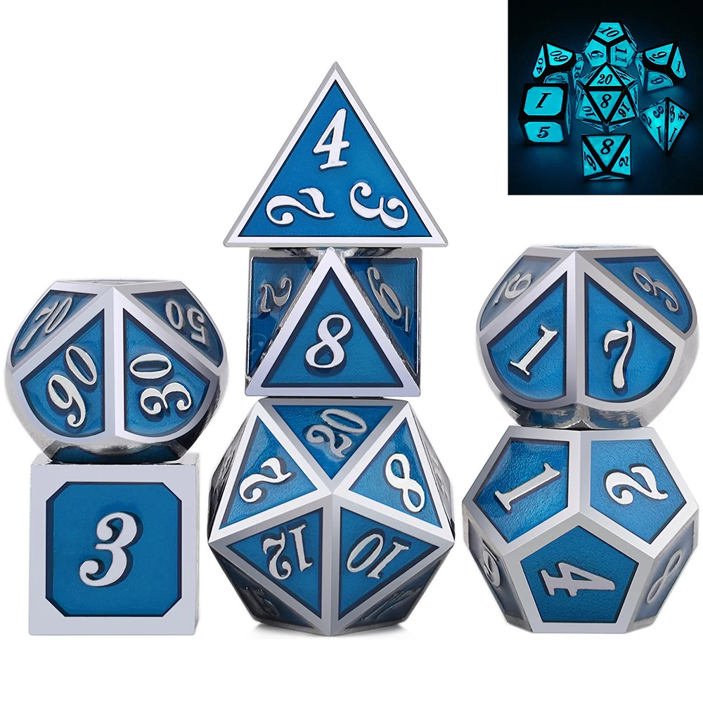 Glow in The Dark Solid Metal Polyhedral DnD Dice Set of 7 with Velvet Bag for RPG Board Games