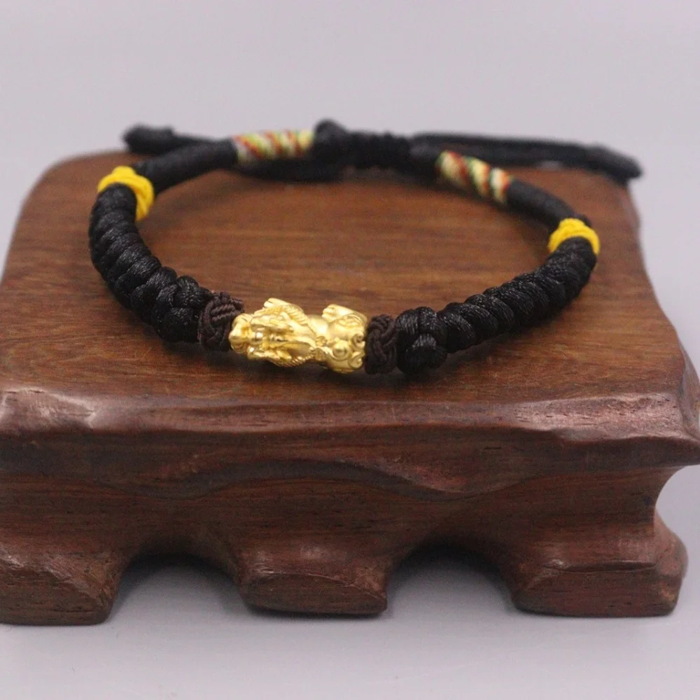 

Genuine 24K Yellow Gold Wealth-Animal Pixiu with Black Cord Bracelet Length from 5" to 15"