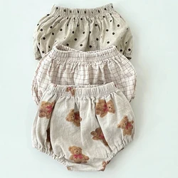 Vintage Linen Cotton Baby Shorts Summer Dot/plaid Pattern Printing Kids Bloomers Toddler Boys Short Pants Children Clothing