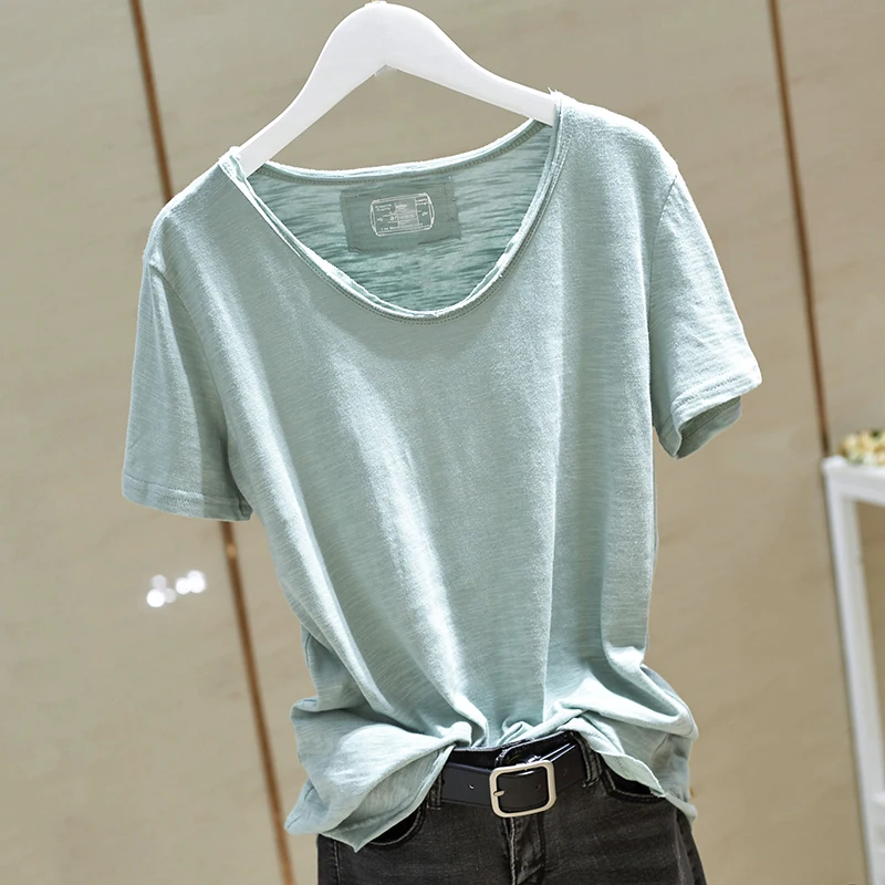 여성 브이넥 순백색 반팔 티셔츠, 루즈하고 얇은 반팔 상의, 한국 핑크, 여름 신상