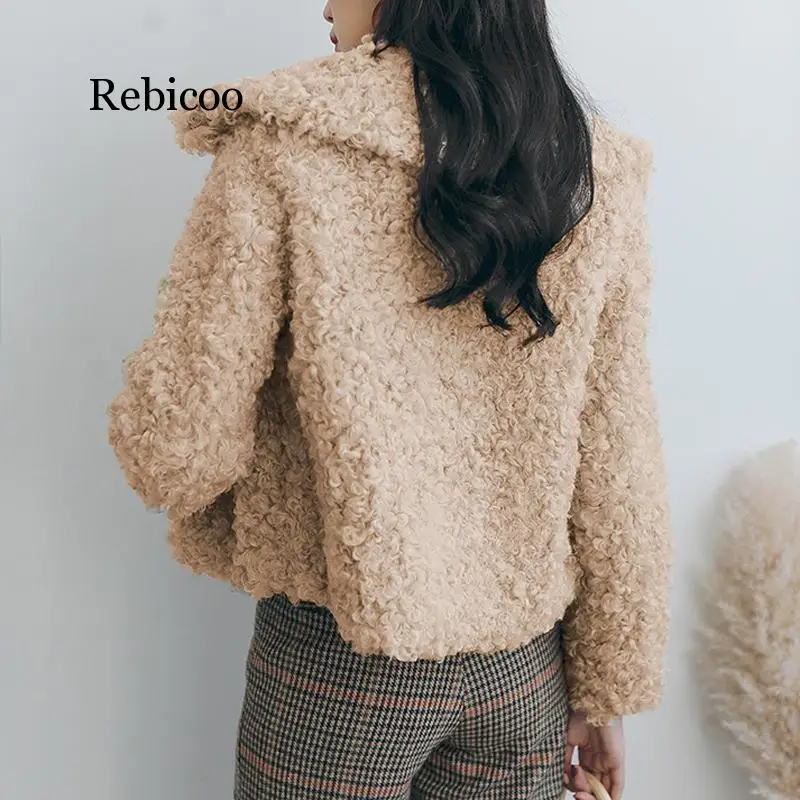Curly Lamb Faux Fur Jacket Coat Women Turn Down Collar Furry Fake Fur Jacket for Women Winter Warm Fluffy Jackets Outerwear