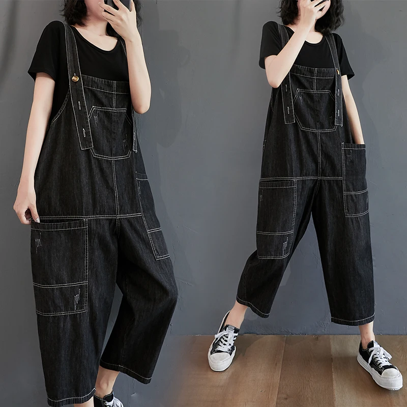 

New Women Big Pocket Denim Jumpsuits Casual Wild Jeans Denim Wide Leg Pants Female Black Denim Rompers Plus Size Loose Jumpsuits